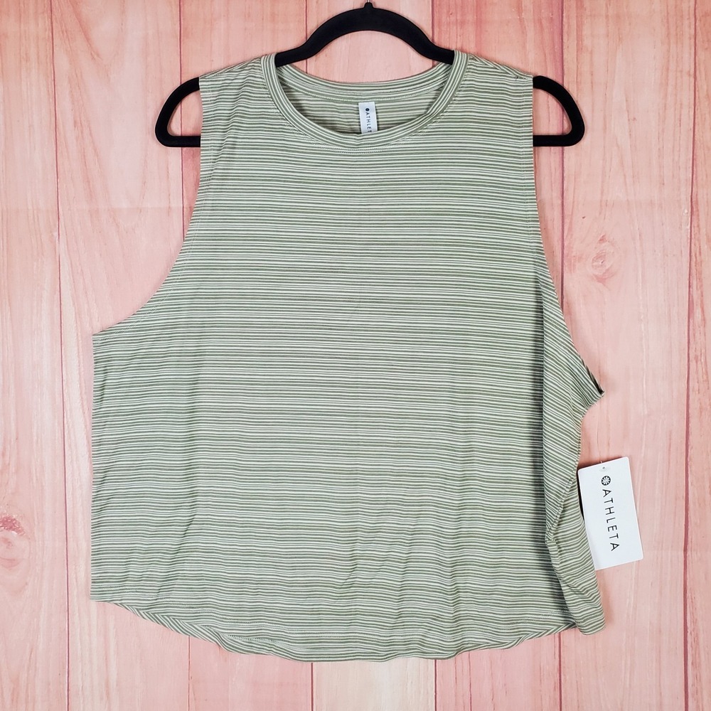 Athleta Cloudlight Striped Muscle Womens Tank Top XL Green Round Neck Pullover